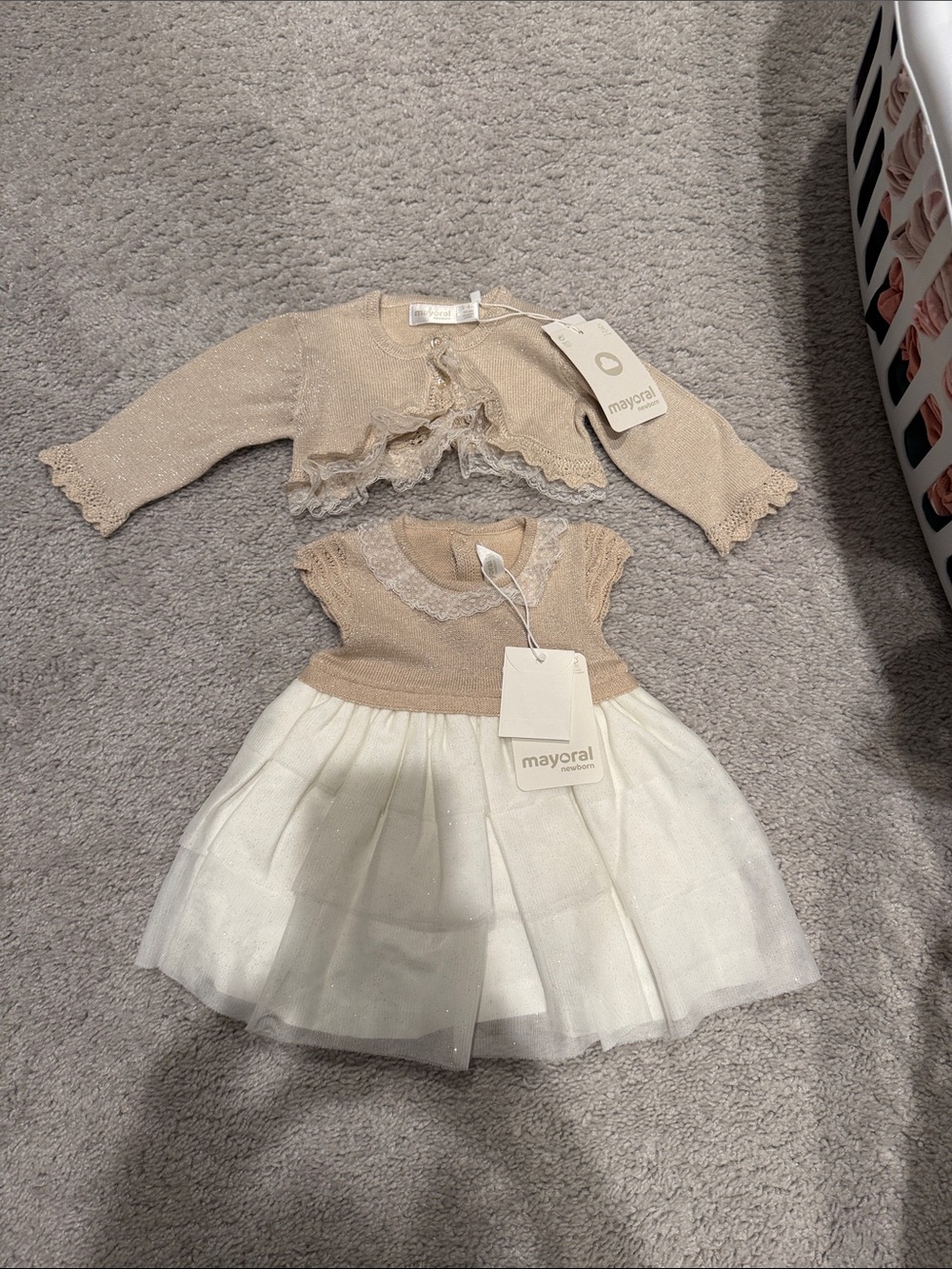 NWT- Mayoral Cream & Beige Knit Tulle Dress Set- NB
